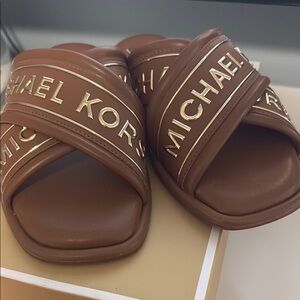Michael Kors Chocolate Brown Slides with Gold Accents